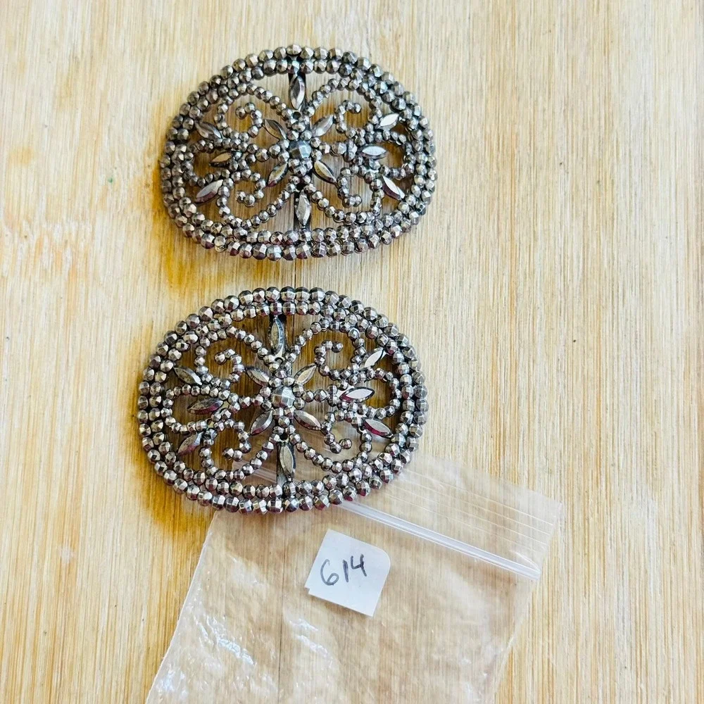VTG Victorian Antique Pair Steel Cut Sash Shoe Buckle Made In France Lattice